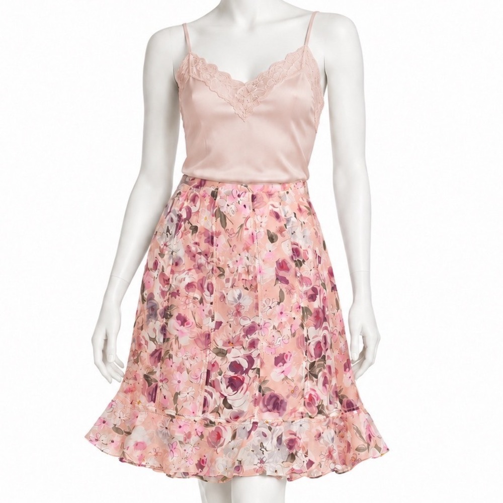 CYNTHIA HOWIE Y2K 100% Silk Pink Floral Flounce Skirt Women's | Sz 14